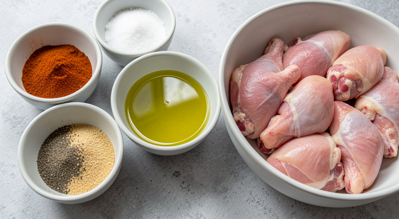 ingredients for crispy air fryer chicken thighs measured into bowls
