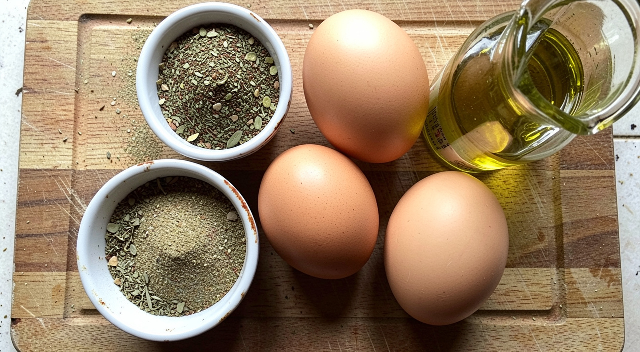 Italian seasoning, eggs, and olive oil on a wooden cutting board