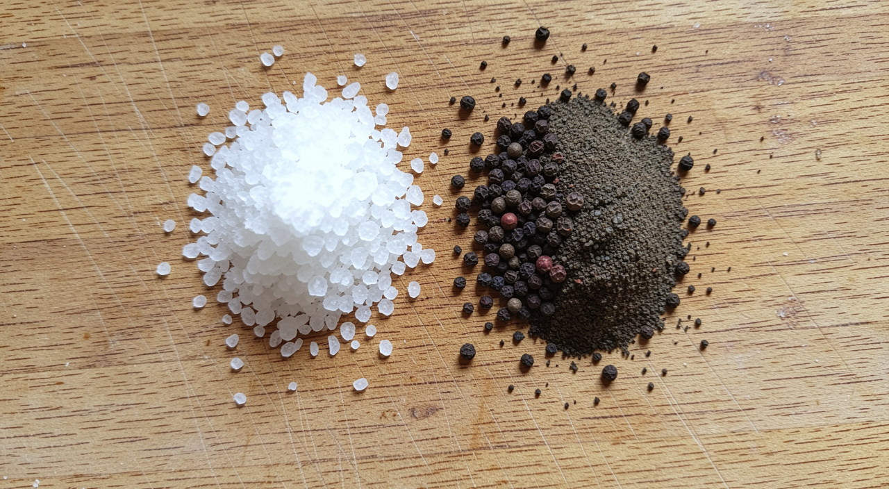 kosher salt and black pepper on a wooden cutting board