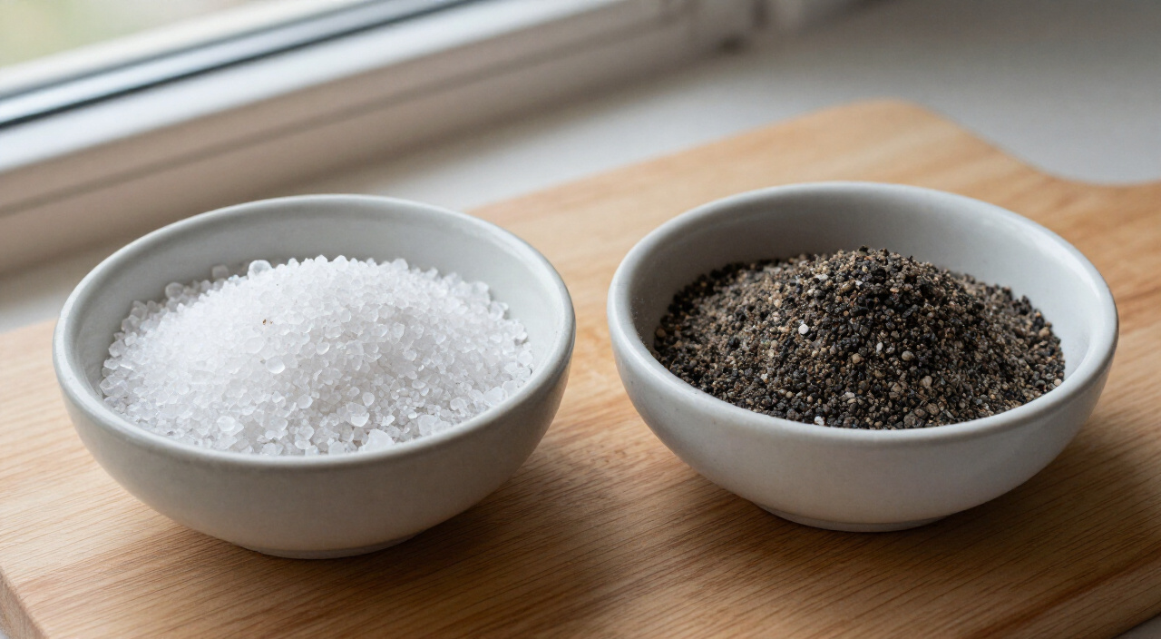 kosher salt and ground black pepper in small bowls on a wooden cutting board
