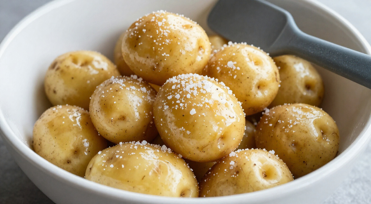 oiled baby potatoes speckled with kosher salt in a mixing bowl