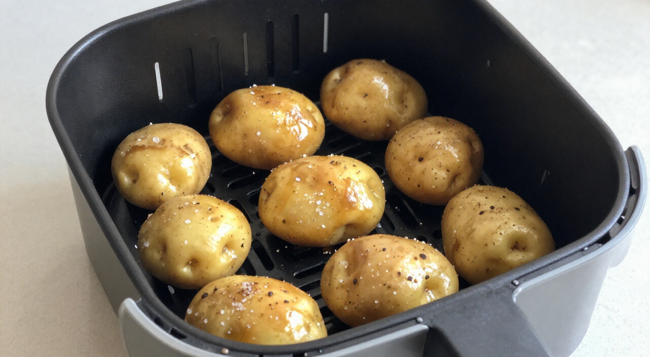 oiled and salted baby potatoes spaced in a single layer in a perforated air fryer basket