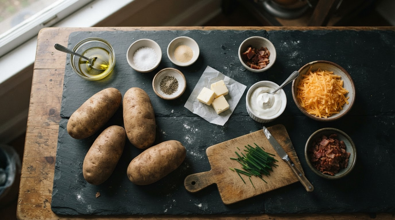Overhead mise en place flat-lay on a dark slate surface, four raw russet potatoes scrubbed clean, a small glass bowl of