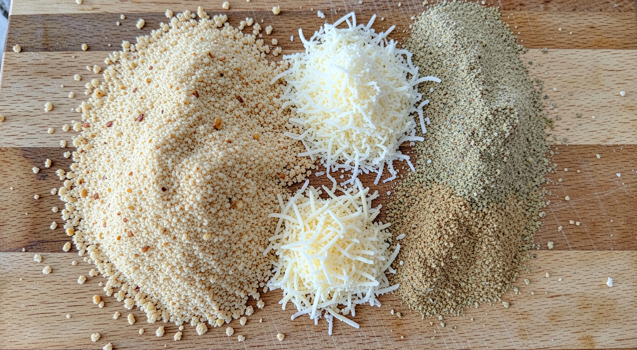 panko, Parmesan, and garlic powder on a wooden cutting board