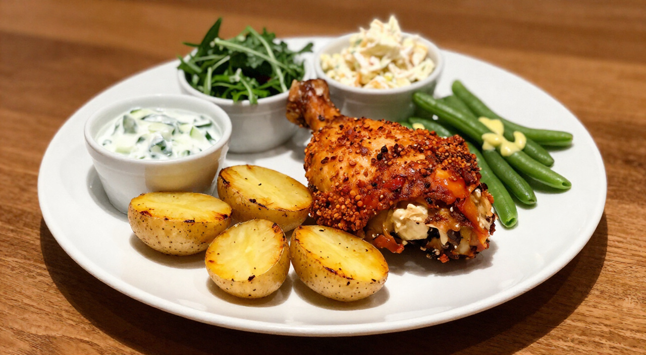 Paprika chicken thigh and air fryer potatoes with cucumber salad, arugula salad, coleslaw and green beans