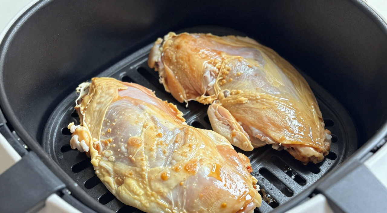 partly cooked chicken wings turning pale gold in an air fryer basket