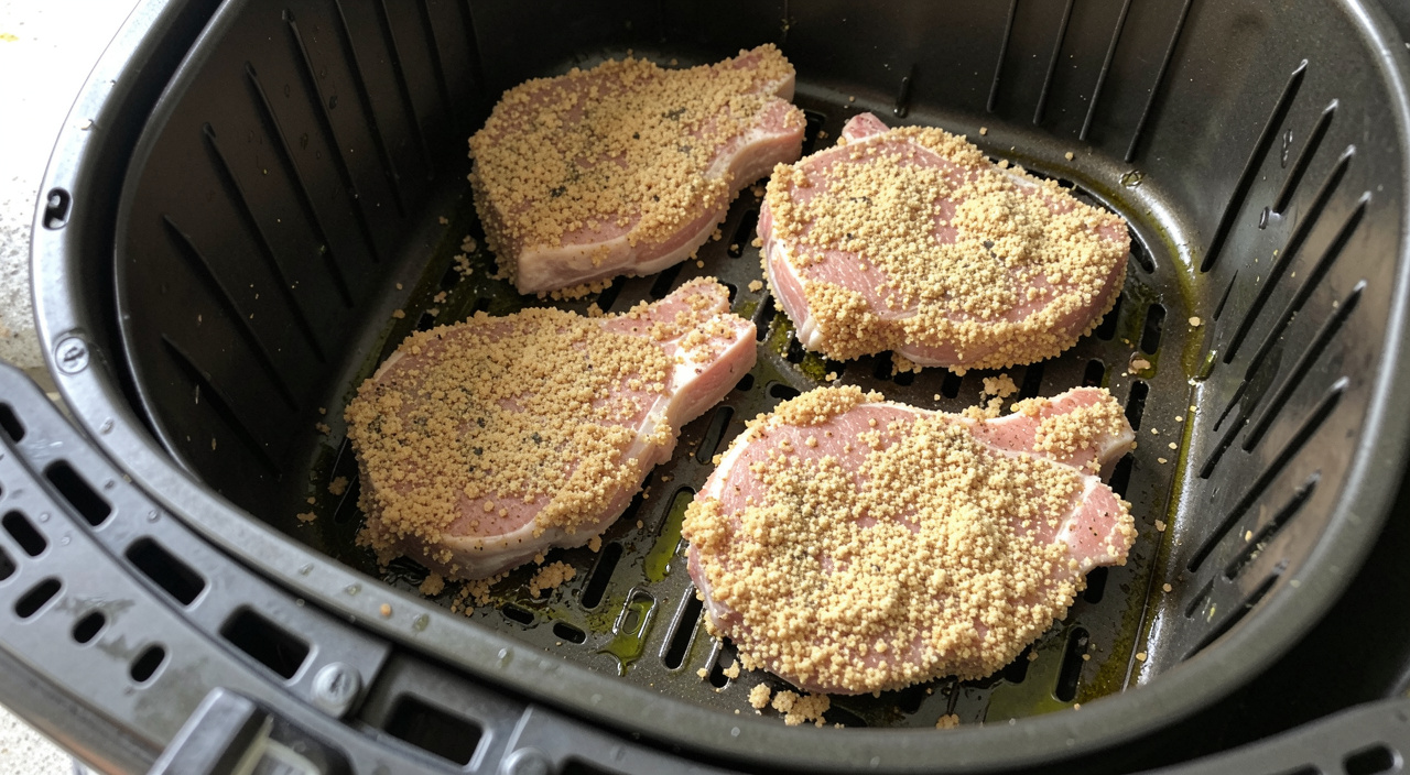 Pork chops arranged in an oiled air fryer basket