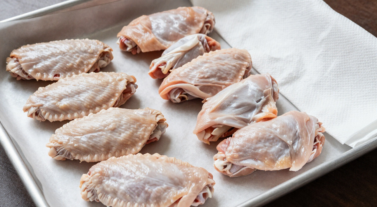raw chicken flats and drumettes patted dry on paper towels