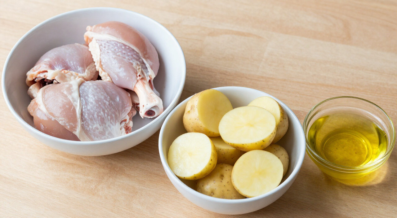 raw chicken thighs, halved baby potatoes and olive oil in small prep bowls on a wooden counter