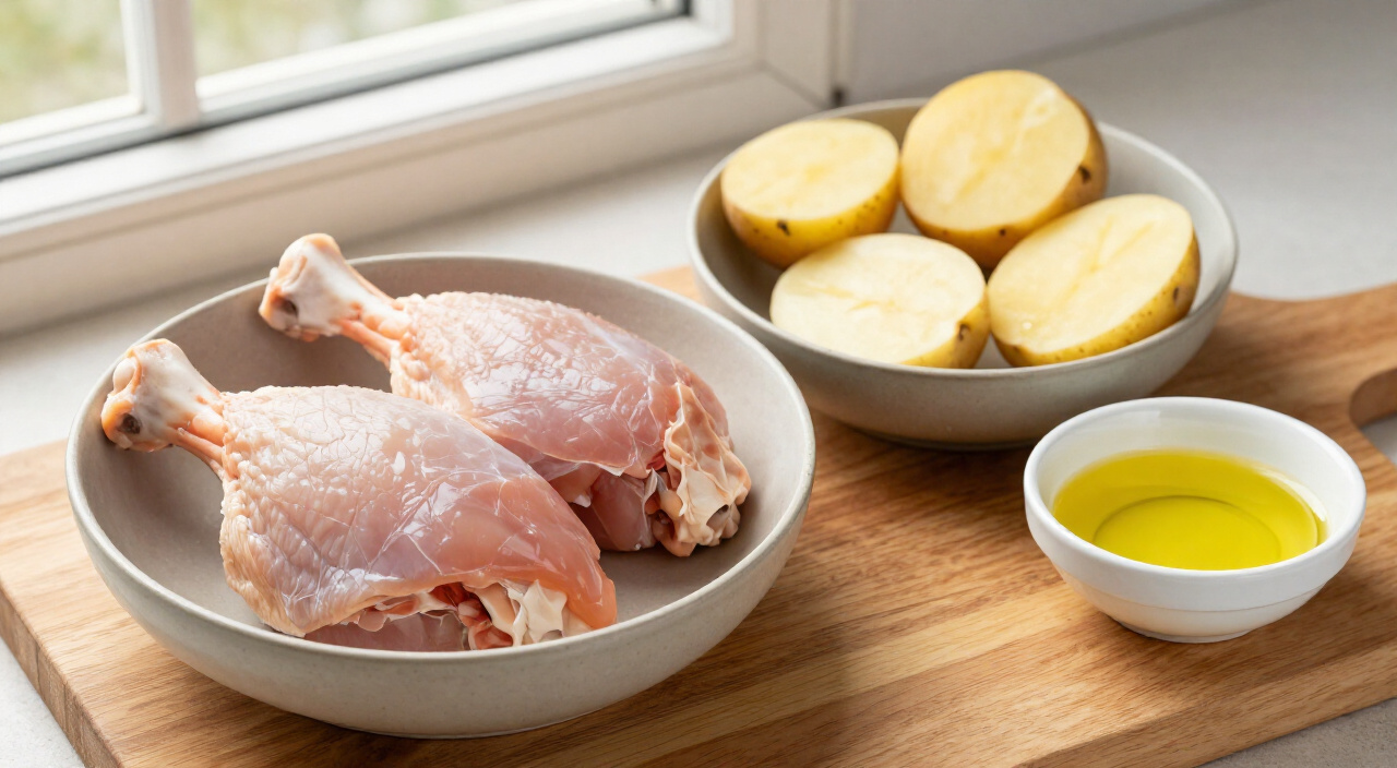 raw chicken thighs, halved baby potatoes and olive oil in bowls on a wooden cutting board