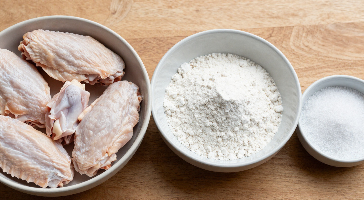 raw chicken wing flats and drumettes, baking powder and kosher salt in separate bowls