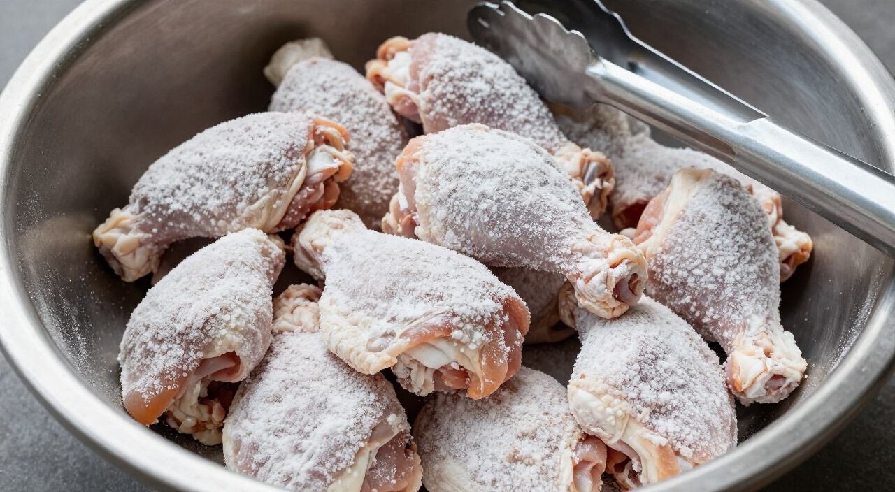 raw chicken wings coated in baking powder and salt in a steel bowl