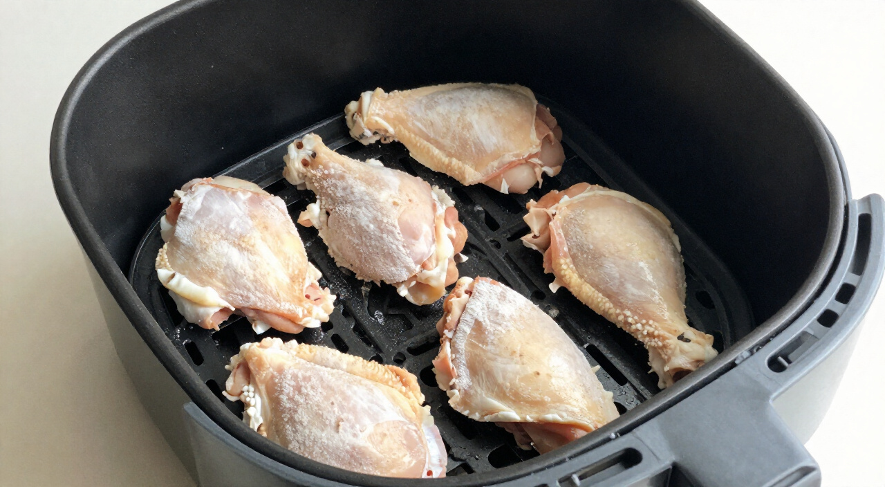 raw seasoned chicken wings arranged in a single layer in an air fryer basket
