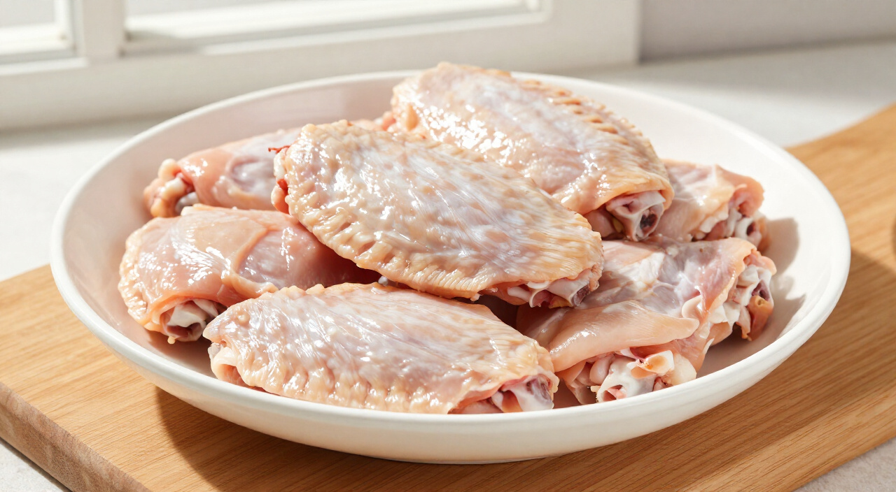 Raw split chicken wing flats and drumettes in a white bowl on a wooden cutting board