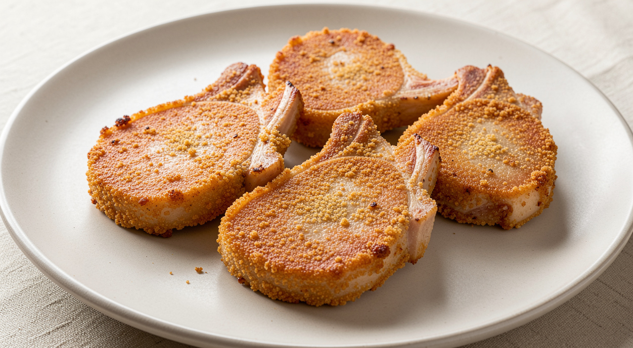 Rested crispy pork chops on a plate
