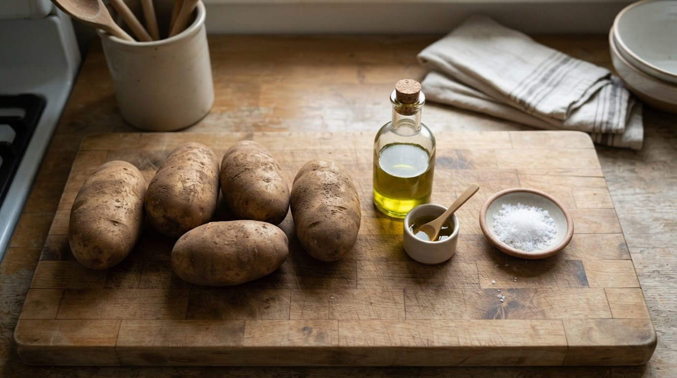 Russet potatoes, olive oil, and coarse sea salt, laid out side by side on a wooden cutting board, overhead shot, natural
