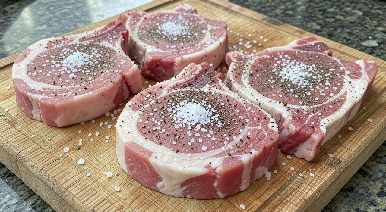 Seasoned bone-in pork chops on a board