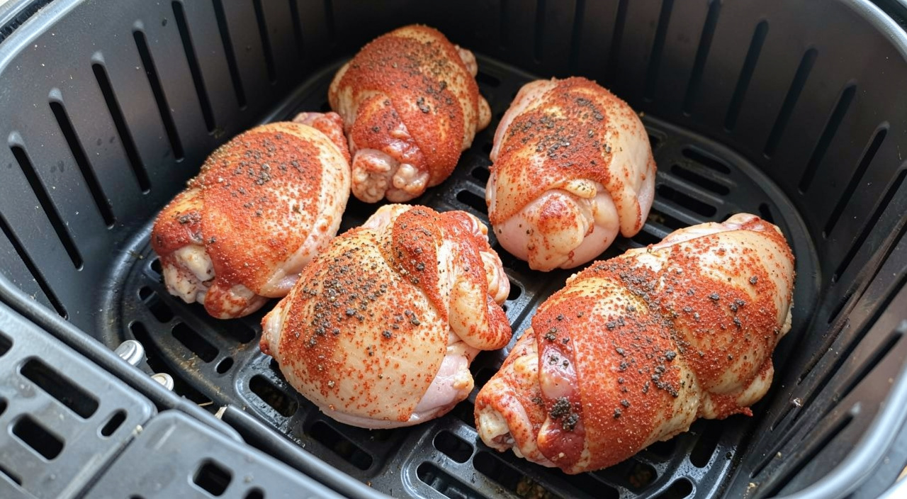 seasoned chicken thighs arranged in a hot air fryer basket
