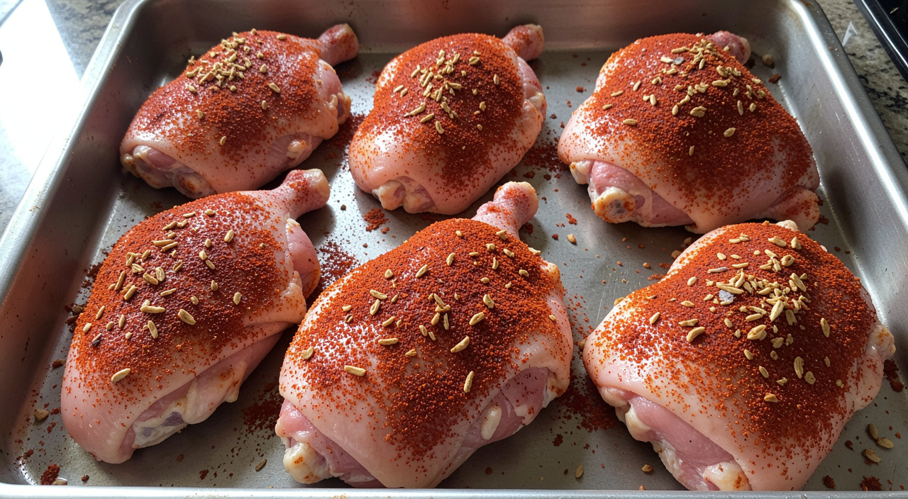 Seasoned chicken thighs on a tray