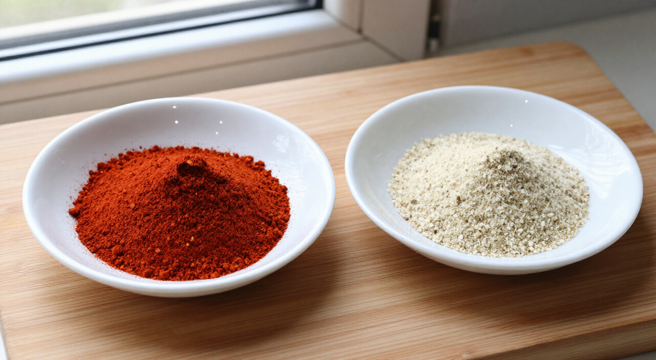 smoked paprika and garlic powder in shallow saucers on a wooden cutting board