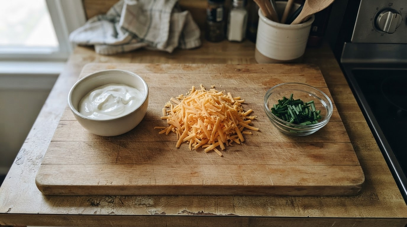 Sour cream, sharp cheddar cheese, and fresh chives, laid out side by side on a wooden cutting board, overhead shot, natural