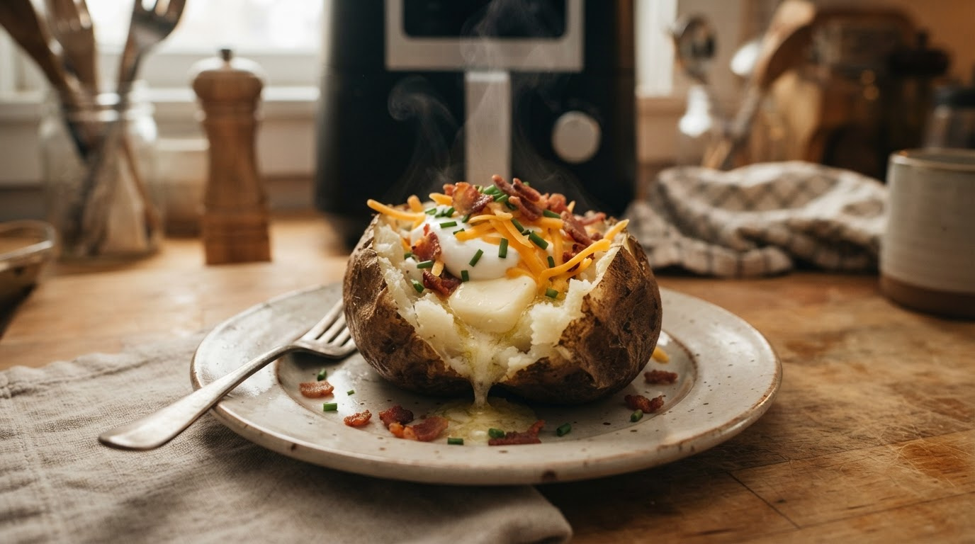 a split air fryer baked potato on a rustic plate, fluffy white steaming interior pushed open, a thick pat of cold butter