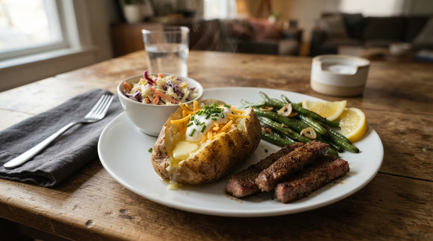 A split-open crispy air fryer baked potato on a white ceramic dinner plate, steam rising from the fluffy center, melting