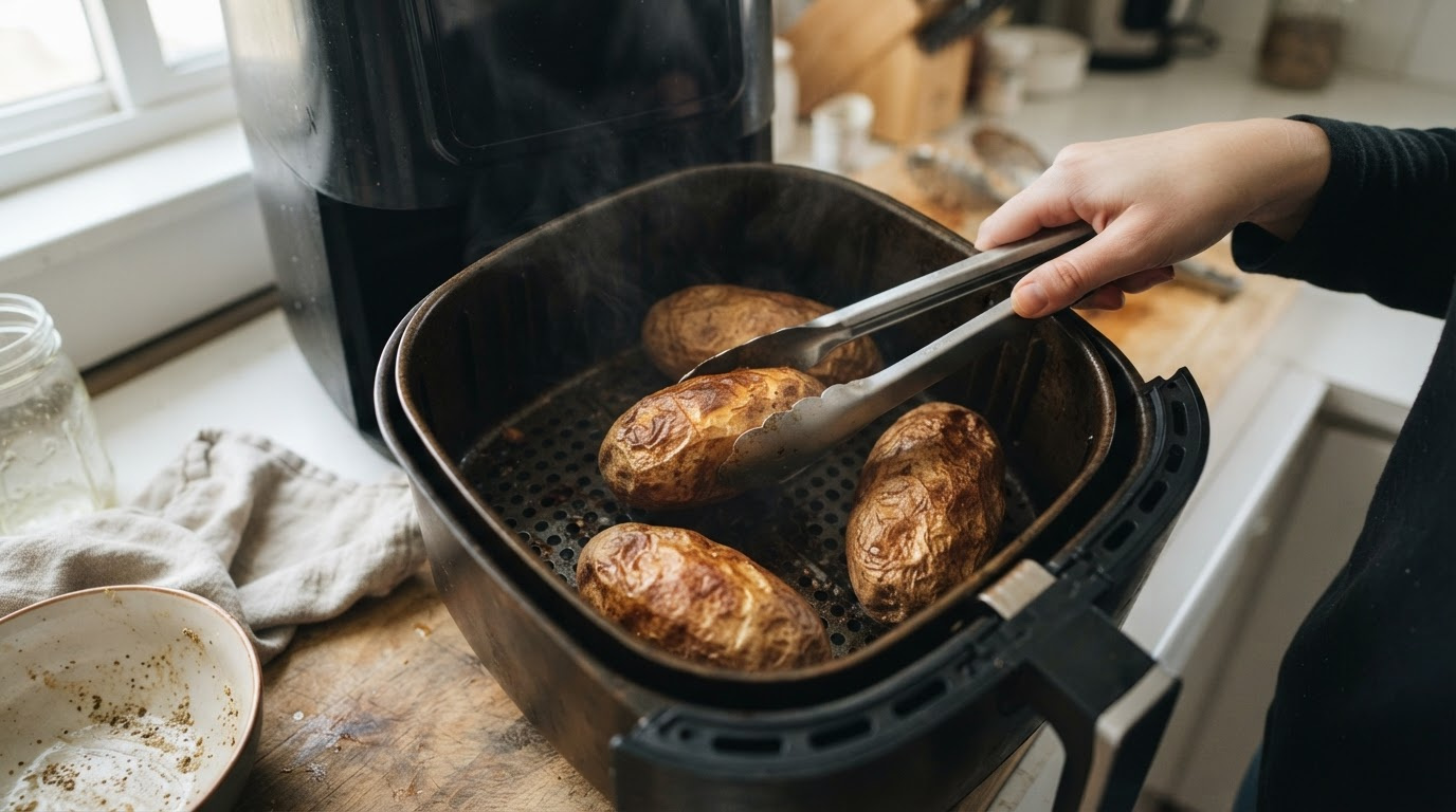 tongs flipping a hot russet potato inside an air fryer basket, skin deep golden and blistered, the other three potatoes