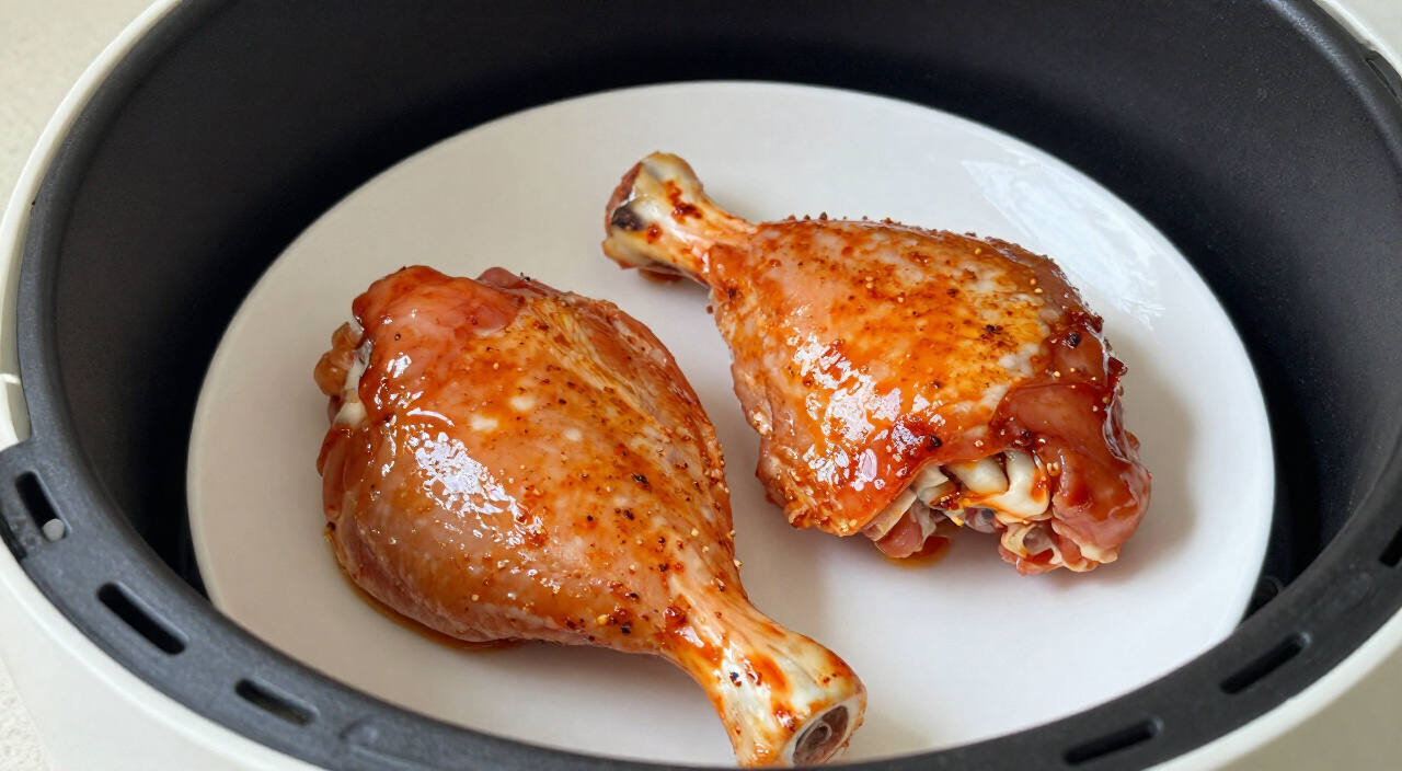 Two raw chicken thighs rubbed with red smoked paprika oil on a white plate