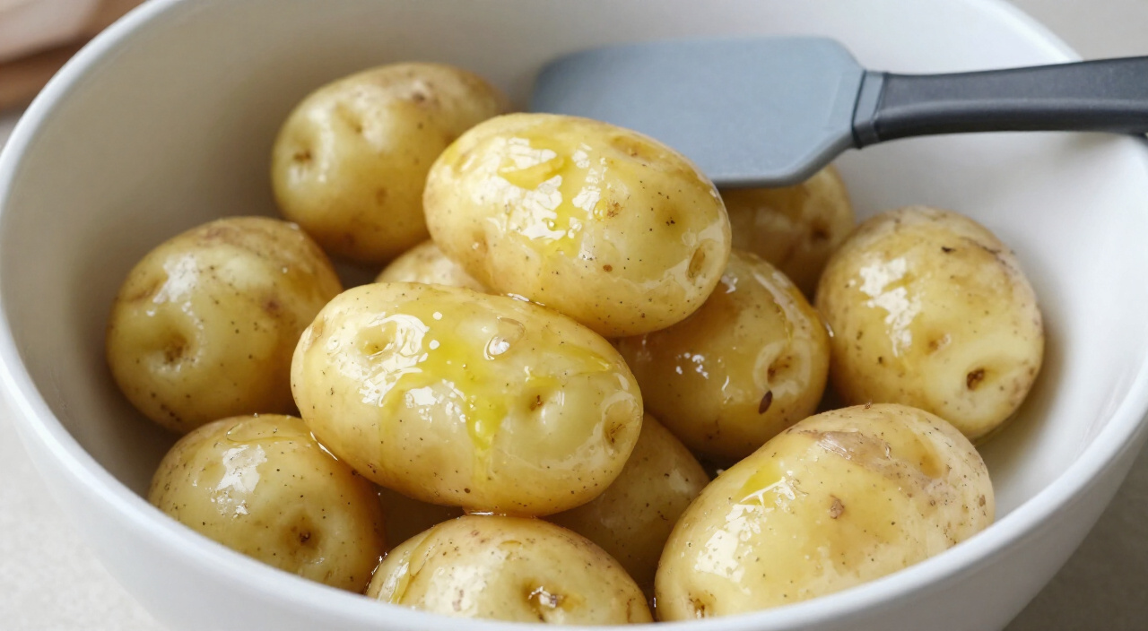 whole baby potatoes coated in olive oil in a white mixing bowl