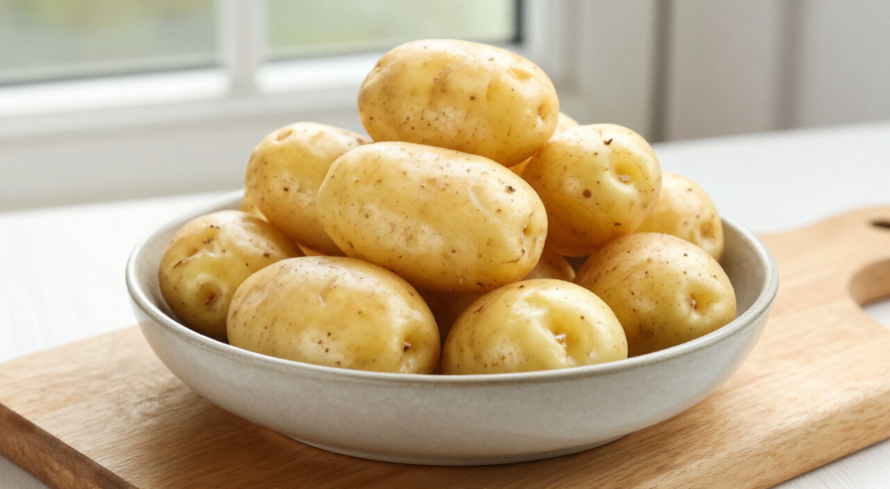 Whole scrubbed baby potatoes in a ceramic bowl on a wooden cutting board